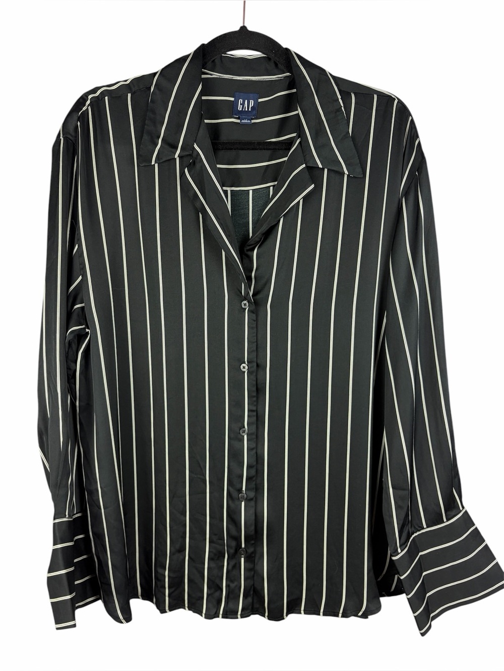 GAP Black White Striped Satin Shirt Blouse Wide Cuff Large